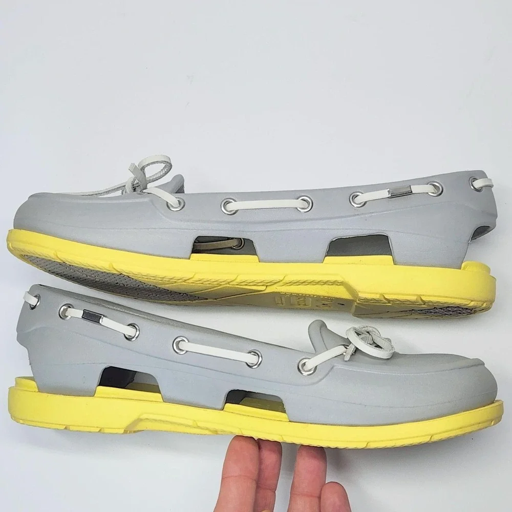 Crocs A-Leigh Boat Shoes Womens Size 7 Gray Yellow Slip On Comfort Flats 14261
